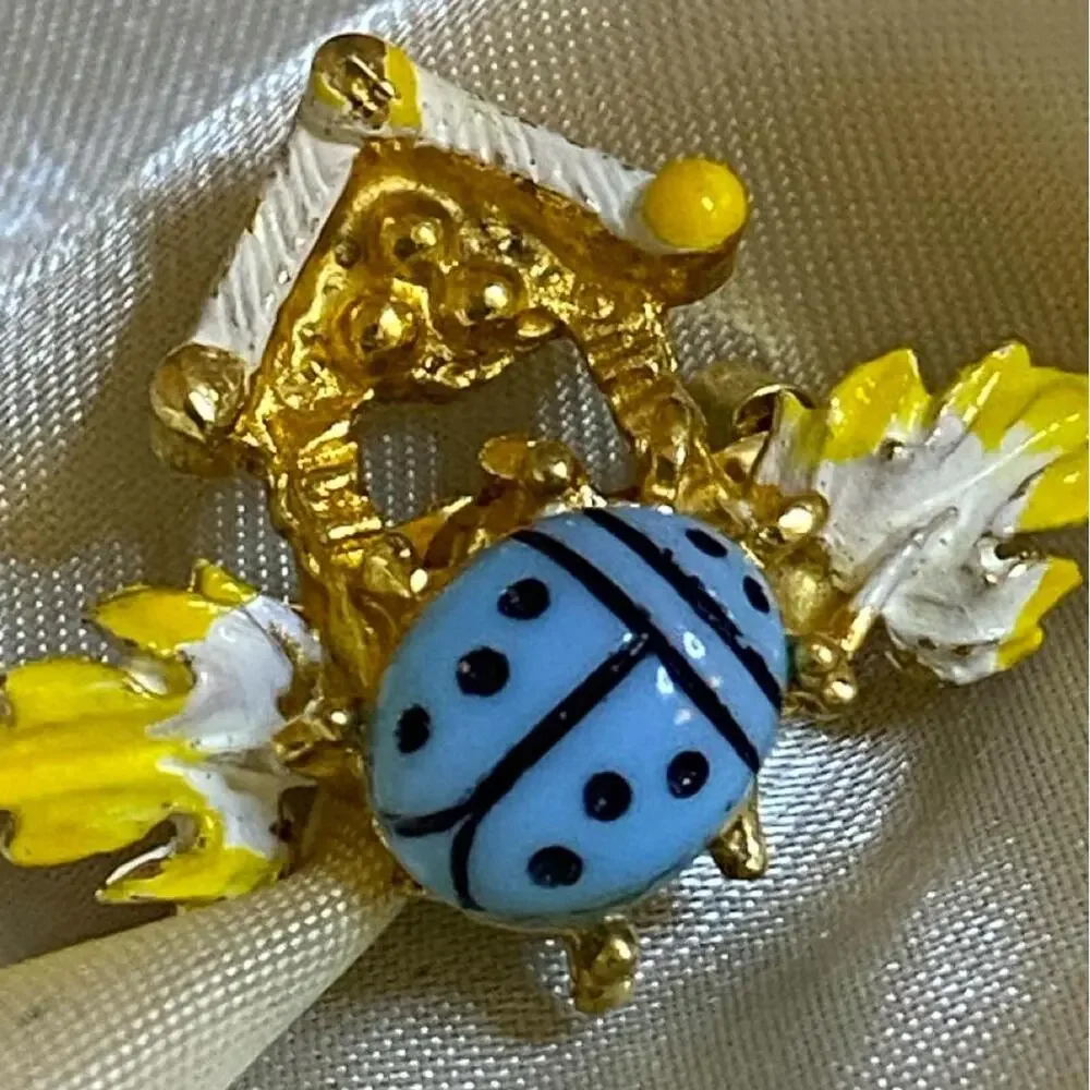 Vintage Blue Ladybug Fairy Garden Brooch Enamel Cottage Floral Gold Tone Pin